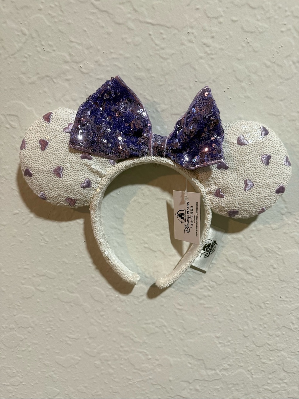 Disney Purple Sequin Bow Minnie Ear Headband with Heart Pattern